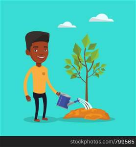 An african-american friendly man watering tree. Smiling male gardener with watering can. Young man gardening. Concept of environmental protection. Vector flat design illustration. Square layout.. Man watering tree vector illustration.