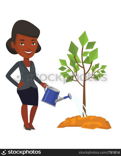 An african-american friendly woman watering tree. Gardener with watering can. Young woman gardening. Concept of environmental protection. Vector flat design illustration isolated on white background.. Woman watering tree vector illustration.