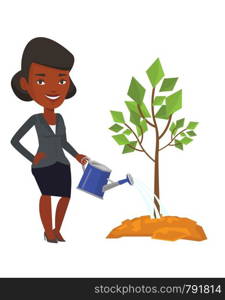 An african-american friendly woman watering tree. Gardener with watering can. Young woman gardening. Concept of environmental protection. Vector flat design illustration isolated on white background.. Woman watering tree vector illustration.
