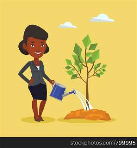 An african-american friendly woman watering tree. Smiling female gardener with watering can. Young woman gardening. Concept of environmental protection. Vector flat design illustration. Square layout.. Woman watering tree vector illustration.