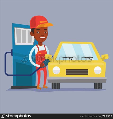 An african-american gas station worker filling up fuel into the car. Smiling worker in workwear at the gas station. Gas station worker refueling a car. Vector flat design illustration. Square layout.. Worker filling up fuel into car.
