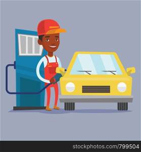 An african-american gas station worker filling up fuel into the car. Smiling worker in workwear at the gas station. Gas station worker refueling a car. Vector flat design illustration. Square layout.. Worker filling up fuel into car.
