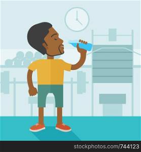 An african-american gentleman drinking water in the gym vector flat design illustration. Healthy, fitness concept. Square layout.. Man drinking water.