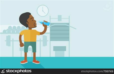 An african-american gentleman drinking water in the gym vector flat design illustration. Healthy, fitness concept. Horizontal layout with a text space.. Man drinking water.