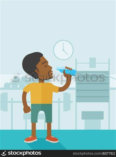 An african-american gentleman drinking water in the gym vector flat design illustration. Healthy, fitness concept. Vertical layout with a text space.. Man drinking water.