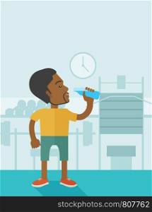 An african-american gentleman drinking water in the gym vector flat design illustration. Healthy, fitness concept. Vertical layout with a text space.. Man drinking water.