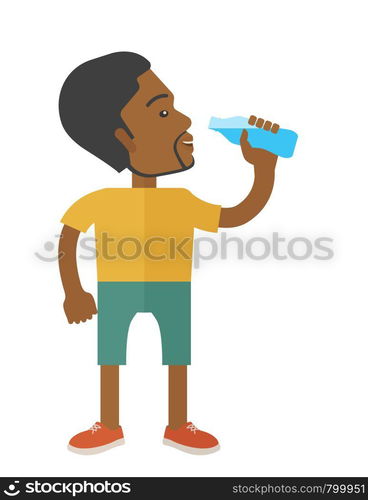 An african-american gentleman drinking water vector flat design illustration isolated on white background. Healthy, fitness concept. Vertical layout.. Man drinking water.