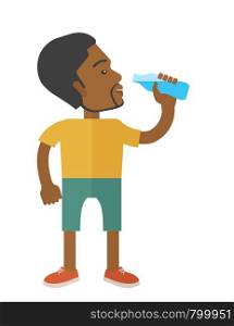 An african-american gentleman drinking water vector flat design illustration isolated on white background. Healthy, fitness concept. Vertical layout.. Man drinking water.