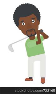 An african-american golf player hitting the ball vector flat design illustration isolated on white background.. Golf player hitting the ball.