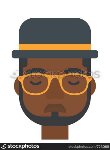 An african-american grieving man with eyes closed vector flat design illustration isolated on white background. Vertical layout.. Grieving man with eyes closed.