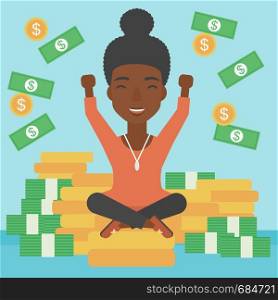 An african-american happy business woman with raised hands sitting on golden coins and money flying around. Successful business concept. Vector flat design illustration. Square layout.. Happy business woman sitting on coins.