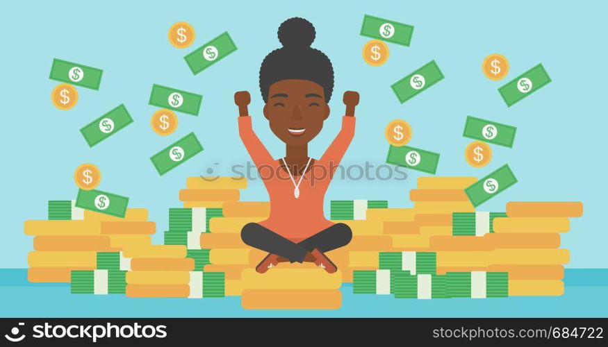 An african-american happy business woman with raised hands sitting on golden coins and money flying around. Successful business concept. Vector flat design illustration. Horizontal layout.. Happy business woman sitting on coins.