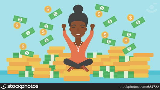 An african-american happy business woman with raised hands sitting on golden coins and money flying around. Successful business concept. Vector flat design illustration. Horizontal layout.. Happy business woman sitting on coins.