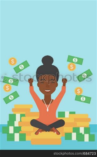 An african-american happy business woman with raised hands sitting on golden coins and money flying around. Successful business concept. Vector flat design illustration. Vertical layout.. Happy business woman sitting on coins.