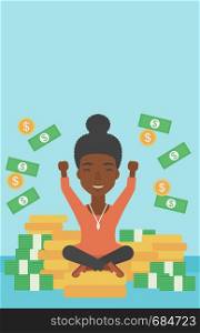 An african-american happy business woman with raised hands sitting on golden coins and money flying around. Successful business concept. Vector flat design illustration. Vertical layout.. Happy business woman sitting on coins.