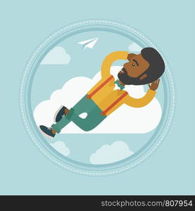 An african-american happy businessman lying on a cloud and looking at flying paper plane. Carefree businessman relaxing on cloud. Vector flat design illustration in the circle isolated on background.. Businessman lying on cloud vector illustration.