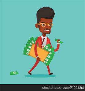 An african-american happy businessman walking with briefcase full of money committing economic crime. Businessman stealing money. Economic crime concept. Vector flat design illustration. Square layout. Businessman with briefcase full of money.