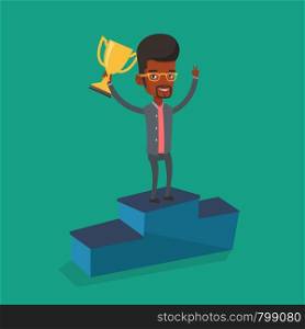 An african-american happy businessman with business award standing on a pedestal. Businessman celebrating his business award. Business award concept. Vector flat design illustration. Square layout.. Businessman proud of his business award.