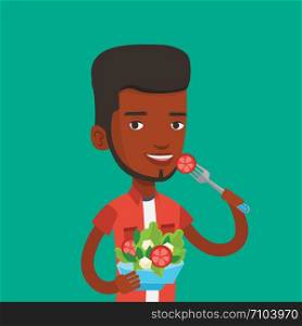 An african-american happy man eating healthy vegetable salad. Young man enjoying fresh vegetable salad. Man holding fork and bowl with vegetable salad. Vector flat design illustration. Square layout.. Man eating healthy vegetable salad.