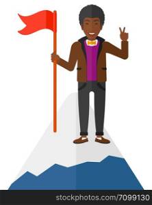 An african-american happy man holding a red flag on the top of the mountain vector flat design illustration isolated on white background. . Cheerful leader man.
