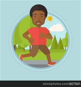 An african-american happy man running. Male runner jogging outdoors. Sportsman running in the park. Running man on forest road. Vector flat design illustration in the circle isolated on background.. Young man running in the park vector illustration.