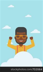 An african-american happy man with raised hands sitting on a cloud on the background of blue sky. Cloud computing concept. Vector flat design illustration. Vertical layout.. Man sitting on cloud vector illustration.