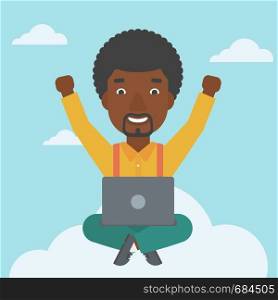 An african-american happy man with raised hands sitting on a cloud with a laptop. Vector flat design illustration. Square layout.. Man on cloud with laptop vector illustration.