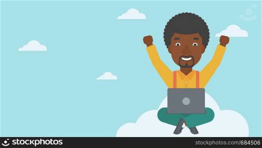 An african-american happy man with raised hands sitting on a cloud with a laptop. Vector flat design illustration. Horizontal layout.. Man on cloud with laptop vector illustration.