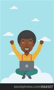 An african-american happy man with raised hands sitting on a cloud with a laptop. Vector flat design illustration. Vertical layout.. Man on cloud with laptop vector illustration.