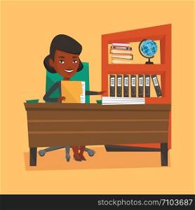 An african-american happy office worker working with documents. Office worker sitting at the table with documents. Office worker inspecting documents. Vector flat design illustration. Square layout.. Office worker working with documents.
