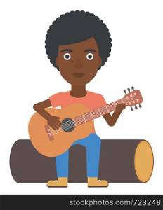 An african-american happy woman sitting on a log and playing a guitar vector flat design illustration isolated on white background.. Woman playing guitar.