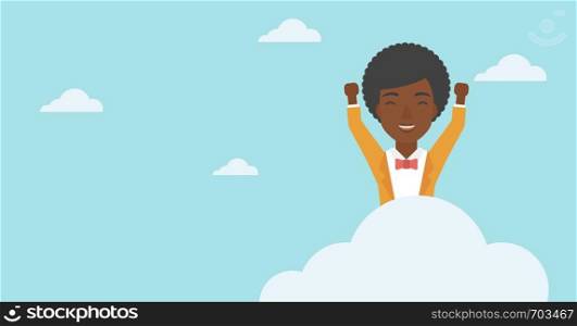 An african-american happy woman with raised hands sitting on a cloud on the background of blue sky. Cloud computing concept. Vector flat design illustration. Horizontal layout.. Woman sitting on cloud vector illustration.