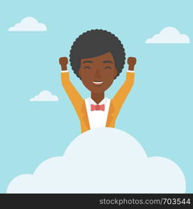 An african-american happy woman with raised hands sitting on a cloud on the background of blue sky. Cloud computing concept. Vector flat design illustration. Square layout.. Woman sitting on cloud vector illustration.
