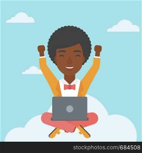 An african-american happy woman with raised hands sitting on a cloud with a laptop. Vector flat design illustration. Square layout.. Woman on cloud with laptop vector illustration.