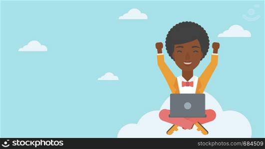 An african-american happy woman with raised hands sitting on a cloud with a laptop. Vector flat design illustration. Horizontal layout.. Woman on cloud with laptop vector illustration.