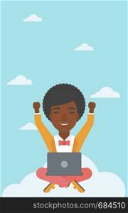 An african-american happy woman with raised hands sitting on a cloud with a laptop. Vector flat design illustration. Vertical layout.. Woman on cloud with laptop vector illustration.