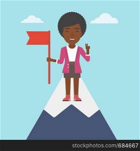 An african-american happy young leader business woman holding a red flag on the top of the mountain. Successful business concept. Vector flat design illustration. Square layout.. Cheerful leader business woman vector illustration