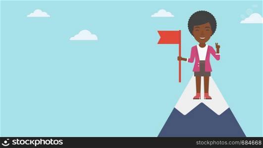An african-american happy young leader business woman holding a red flag on the top of the mountain. Successful business concept. Vector flat design illustration. Horizontal layout.. Cheerful leader business woman vector illustration