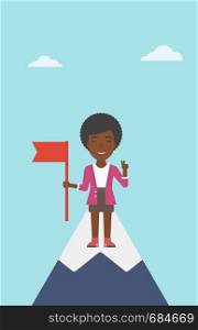 An african-american happy young leader business woman holding a red flag on the top of the mountain. Successful business concept. Vector flat design illustration. Vertical layout.. Cheerful leader business woman vector illustration