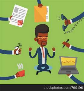 An african-american hard working businessman. Businessman surrounded by many hands that give him a lot of work. Concept of hard working. Vector flat design illustration. Square layout.. Businessman meditating in lotus position.