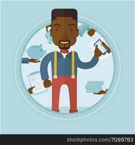 An african-american hard working businessman. Man surrounded by many hands that give him a lot of work. Concept of hard working. Vector flat design illustration in the circle isolated on background.. Employee having lots of work to do.