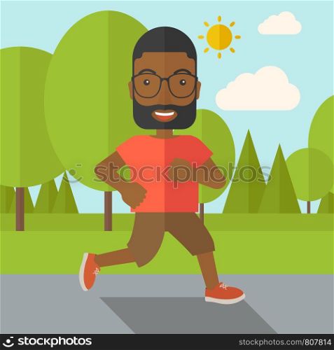 An african-american hipster man in glasses jogging in the park vector flat design illustration. Lifestyle concept. Square layout.. Jogger.