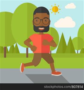 An african-american hipster man in glasses jogging in the park vector flat design illustration. Lifestyle concept. Square layout.. Jogger.