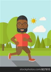 An african-american hipster man in glasses jogging in the park vector flat design illustration. Lifestyle concept. Vertical layout with a text space.. Jogger.