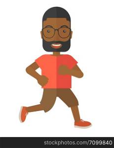 An african-american hipster man in glasses jogging vector flat design illustration isolated on white background. Lifestyle concept. Vertical layout.. Jogger.