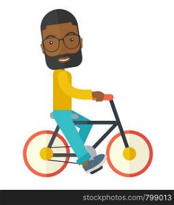 An african-american hipster man riding a bicycle vector flat design illustration isolated on white background. Sport concept. Vertical layout.. Byciclist.