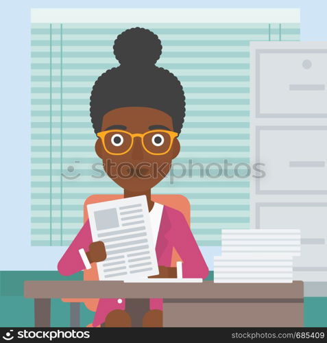 An african-american human resources manager reading application portfolios in the office. Concept of recruitment of staff, job interview. Vector flat design illustration. Square layout.. HR manager checking files vector illustration.