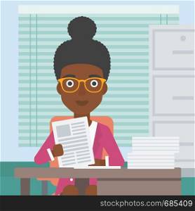 An african-american human resources manager reading application portfolios in the office. Concept of recruitment of staff, job interview. Vector flat design illustration. Square layout.. HR manager checking files vector illustration.
