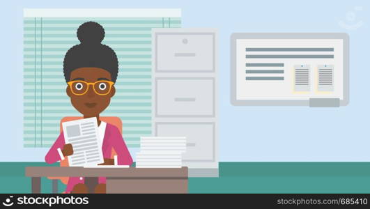 An african-american human resources manager reading application portfolios in the office. Concept of recruitment of staff, job interview. Vector flat design illustration. Horizontal layout.. HR manager checking files vector illustration.
