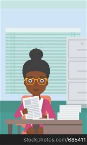 An african-american human resources manager reading application portfolios in the office. Concept of recruitment of staff, job interview. Vector flat design illustration. Vertical layout.. HR manager checking files vector illustration.